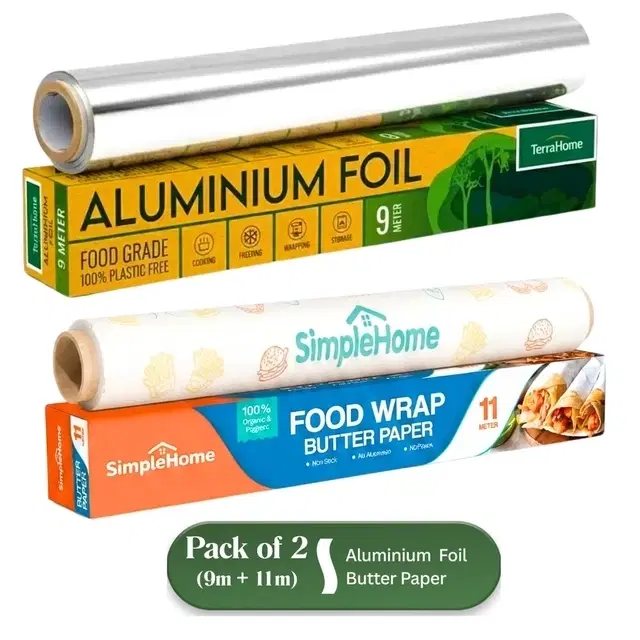 SimpleHome Basic Food Wrapping Paper 11m and TerraHome Aluminium Foil 9m [Pack of 2]