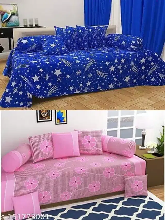 Polycotton Diwan Cover Set, Blue & Pink, Combo of 2