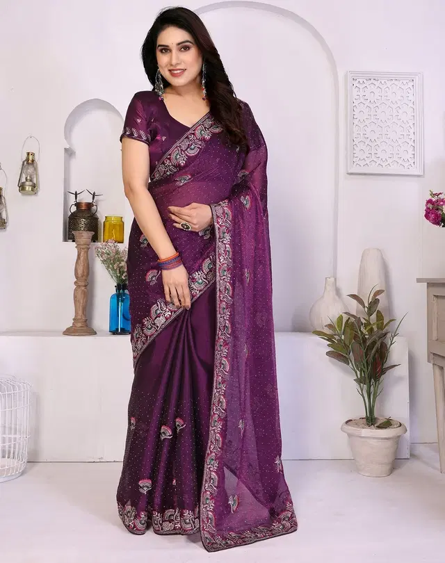 Sana Silk Embroidered Saree for Women (Purple, Free Size)