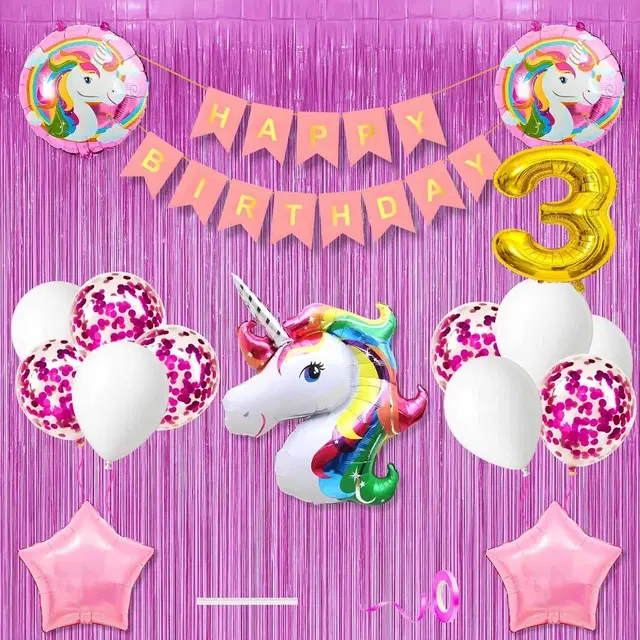 Unicorn Theme 3rd Birthday Decoration Kit for Kids (Multicolor)Pcs Of 20 ,(Set Of 1)