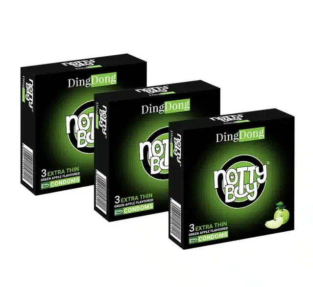 Notty Boy 3 Pcs Ding Dong Green Apple Condoms for Men, Set of 3