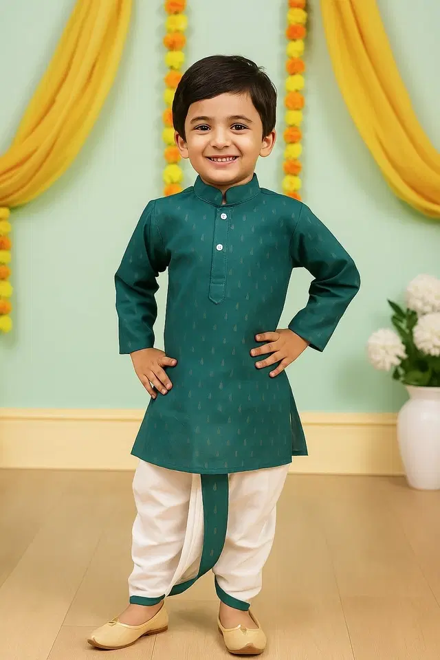 Cotton Blend Printed Kurta & Paints Set for Boys , Green (4-5 Years)