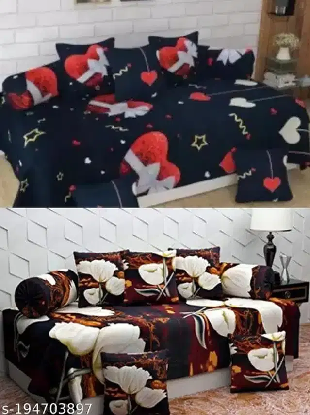 Polycotton Diwan Cover Set, Black & Brown, Combo of 2