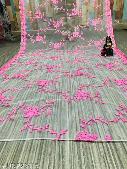 Embroidered Jaipuri Net with Beads & Stones (White, Free Size)