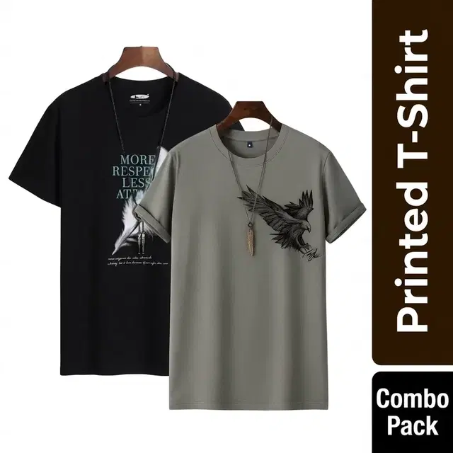 Round Neck Printed T-Shirt for Men, Combo Pack of 2, Grey & Black, XL