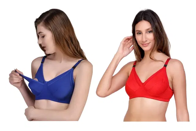 Cotton Blend Solid Non Padded Feeding Bras for Women, Pack of 2 (Multicolor, 32)