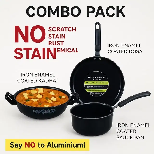 3 pc Enamel Coated Cookware set (Sauce Pan 16cm, Dosa Tawa 25cm, Kadhai 24cm)