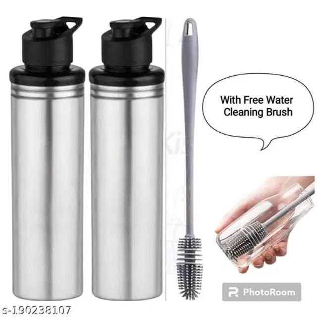 Stainless Steel 2 Pcs Water Bottle, 1000 ml with Cleaning Brush, Silver, Set of 3