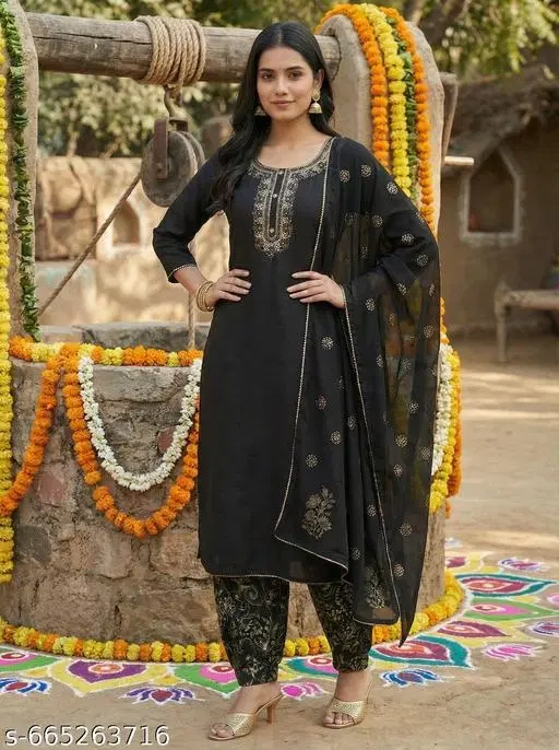 Acrylic Kurta Set for Women (Black, M)