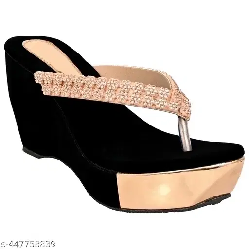 Altek Women Heels Wedge, Gold & Black (IND - 7)