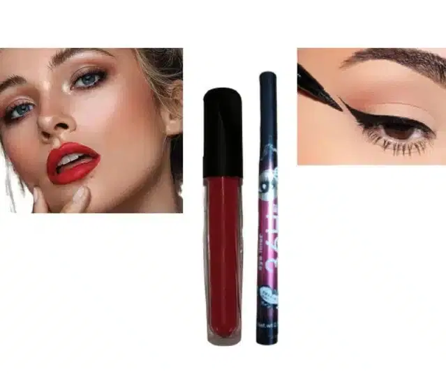 Matte Liquid Gloss with Long Lasting Waterproof Eyeliner, Red & Black, Pack of 2