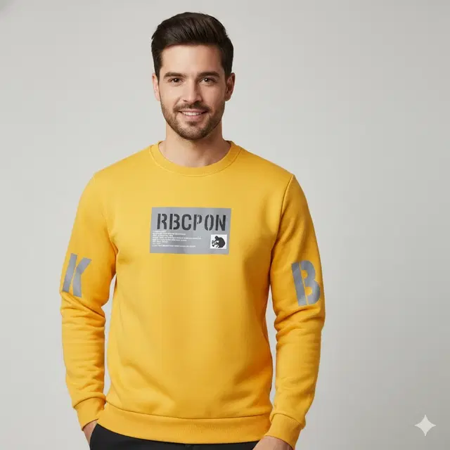 Fleece Printed Sweatshirt for Men, Yellow (M)