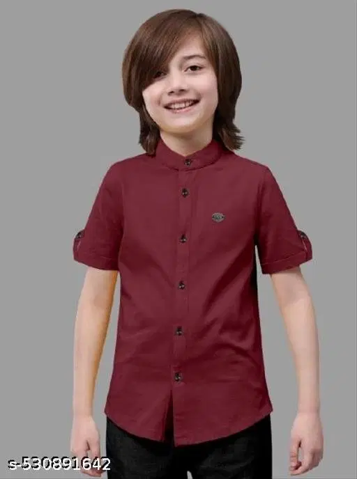 Solid Cotton Blend Mandarin Collar Short Sleeve Shirt for Boys (Maroon, 10-11 Years)