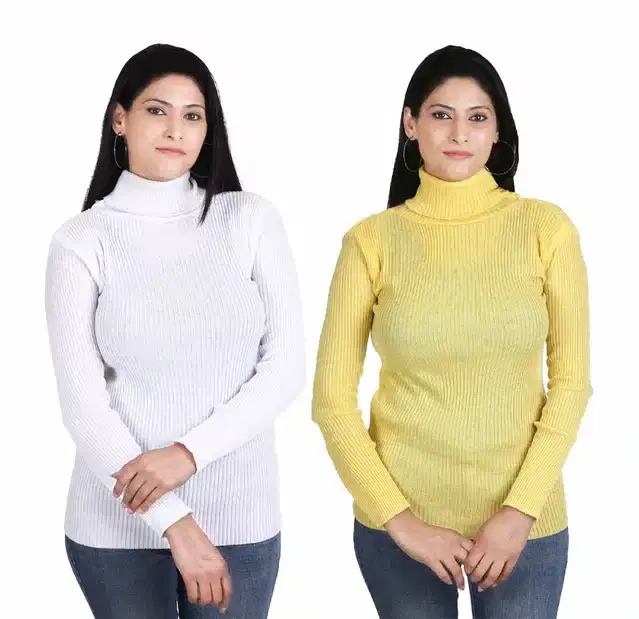 Full Sleeves High Neck Sweater for Women, Pack of 2 (White & Yellow, S)