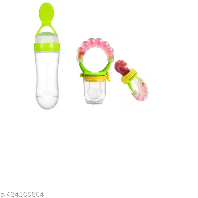 Combo of Silicone Feerder Bottle, 90 ml, Fruit Nibbler & Rattle for Baby, Multicolor, Set of 3