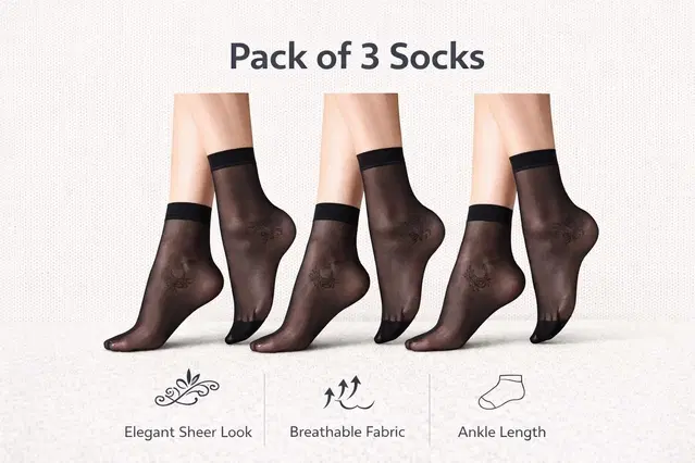 Sheer Ankle Length Nylon Socks ,Multicolor, Set of 3