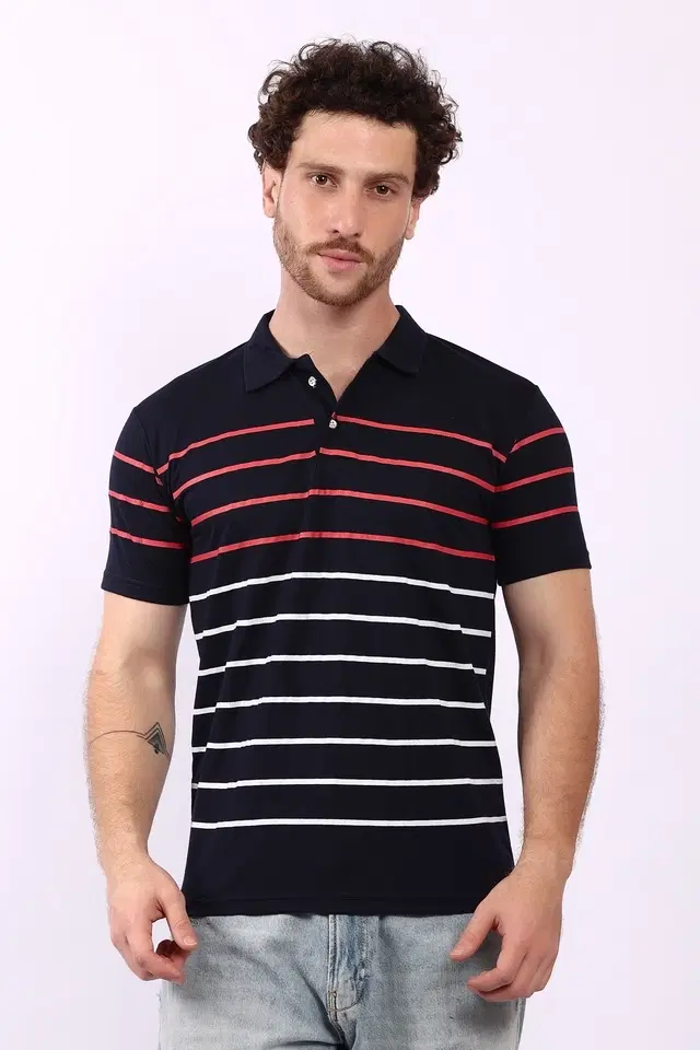 Striped Polo T-Shirt for Men, Blue (L)