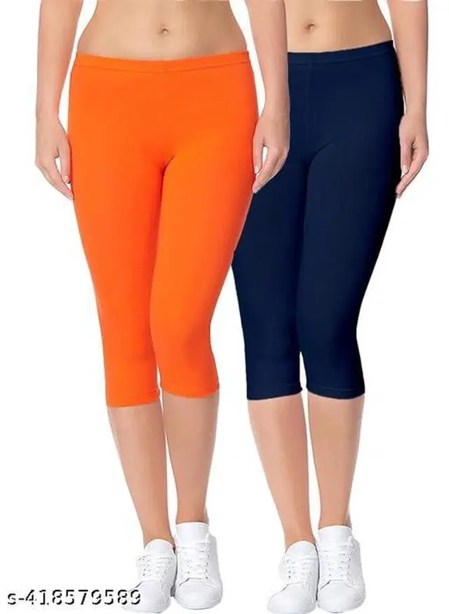 Cotton Lycra Capri for Women, Pack of 2 (Multicolor, M)