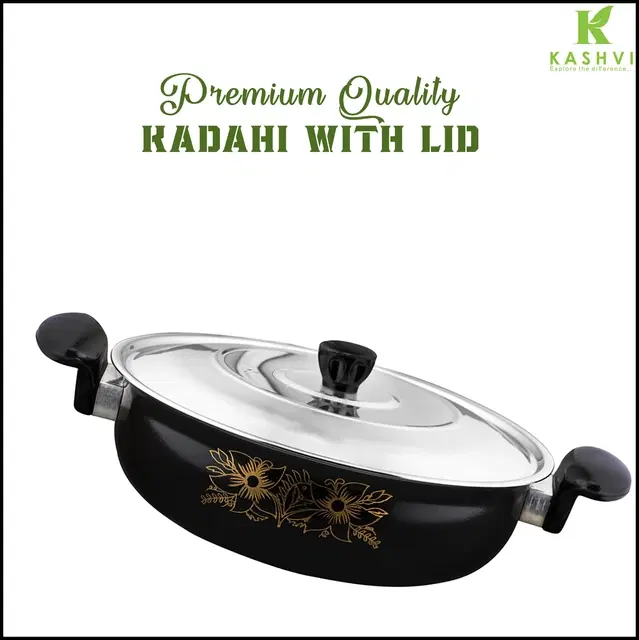 Cast Iron Kadai with Lid, Black & Silver, 28 cm