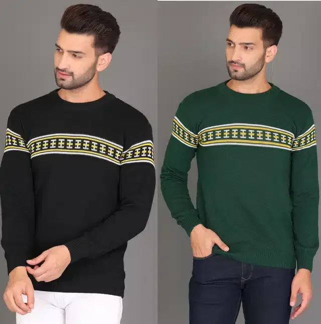 Cotton Jersey Printed Sweater for Men, Pack of 2 (Black & Green, M)
