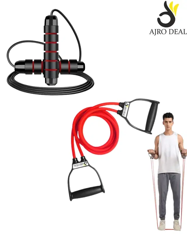Weighted Jump Rope & resistance tube, Red, Pack of 2
