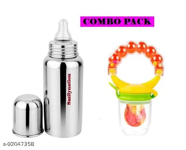 Stainless Steel Milk Bottle, 250 ml with Fruit Feeder for Baby, Multicolor, Set of 2