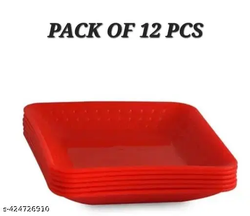 Plastic Plates for Kitchen, Red, Pack of 12
