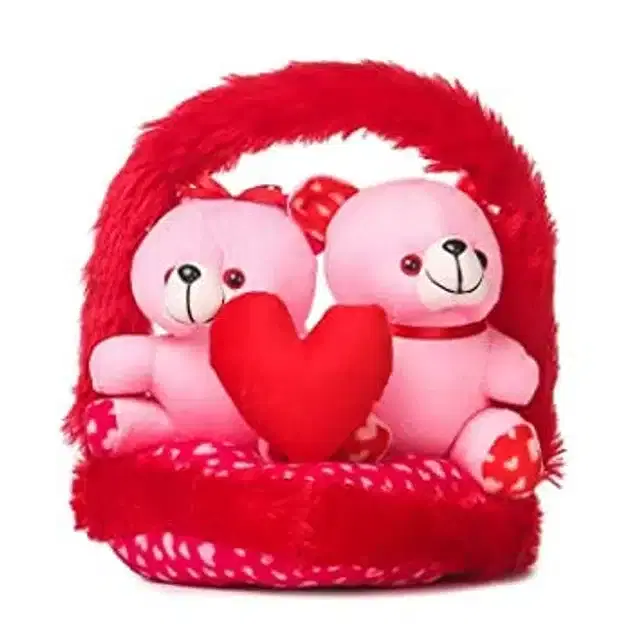 Teddy Bear Couple Love in Basket, Red