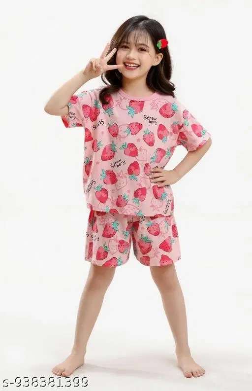Cotton Blend Night Suit for Girls (Red, 5-6 Years)