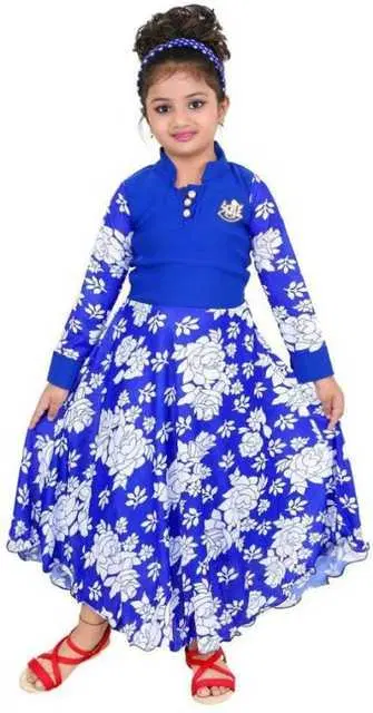 Serina Girls Floral Printed Gown (Blue, 2-3 Year) (BBE-3)