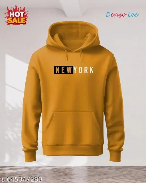 Fleece Printed Hoodie for Men, Mustard (S)