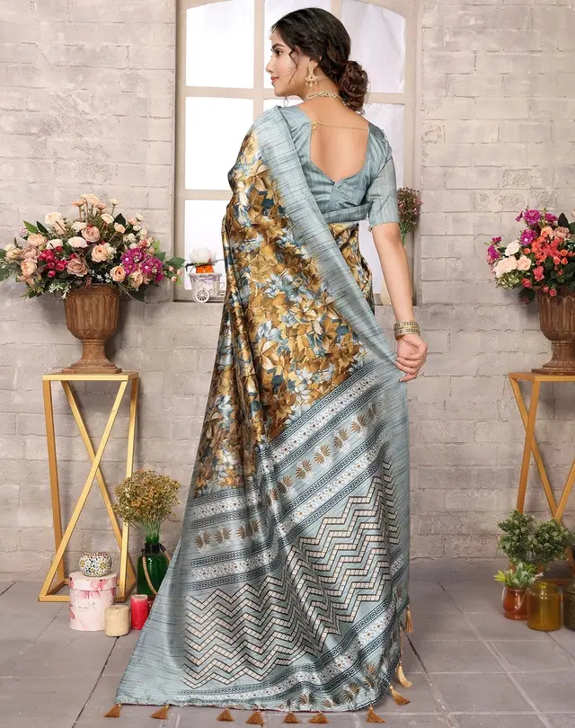 Kalamkari Printed Assam Silk Saree with Blouse for Women (Mustard, Free Size)