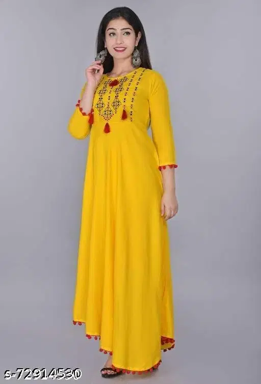 Women Embroidered Rayon A-Line Kurta, Yellow (M)