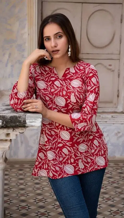 Cotton Blend Floral Print Short Kurti for Women, Red (S)