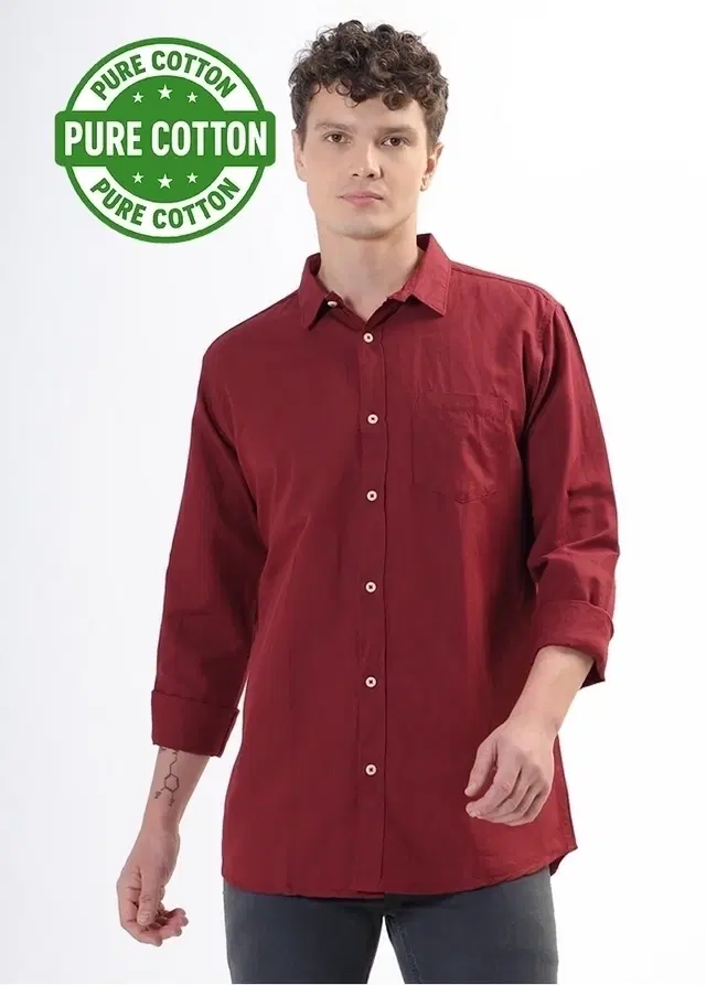 100% Cotton Full Sleeves Solid Shirt for Men, Maroon (L)