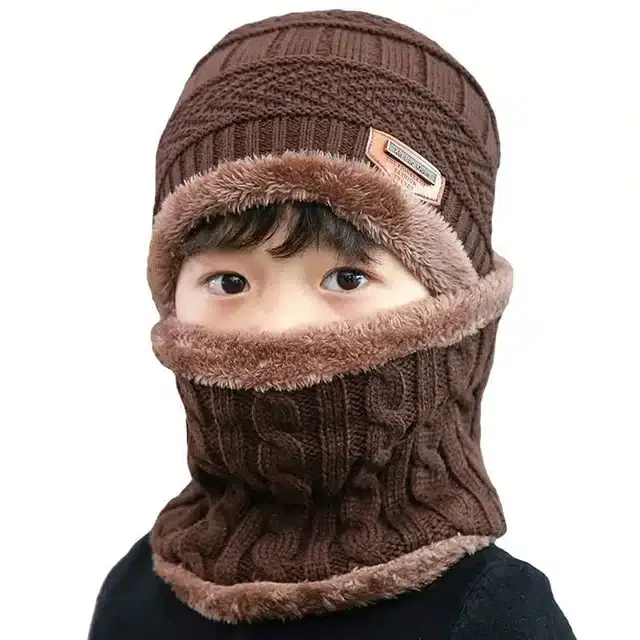 Winter Cap with Neck Warmer for Boys, Set of 1 (Brown, 7-14 Years)