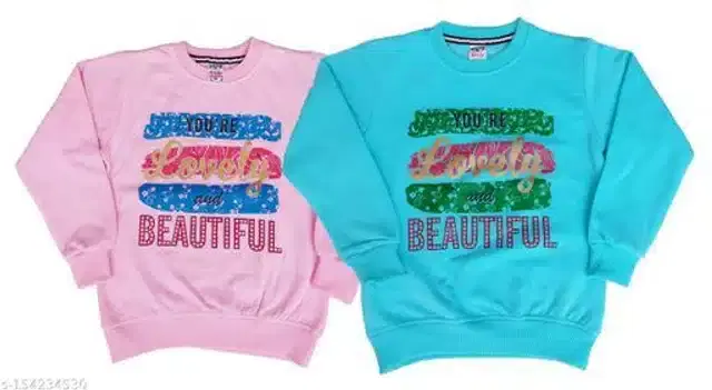 Fleece Printed Full Sleeves Round Neck Sweatshirts for Girls, Pack of 2 (Light Pink & Sky Blue, 3-4 Years)