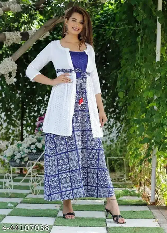 Cotton Printed Gown with Jacket Set for Women (Blue, L)