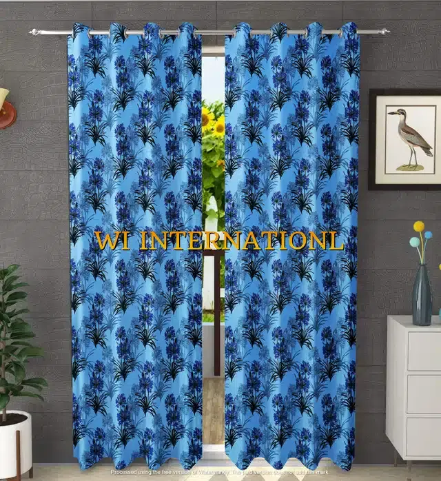 Polyester Printed Window & Door Curtains, Pack of 2, Navy Blue, 7 feet