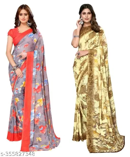 Designer Printed Georgette Saree for Women, Pack of 2 (Multicolor, Free Size)