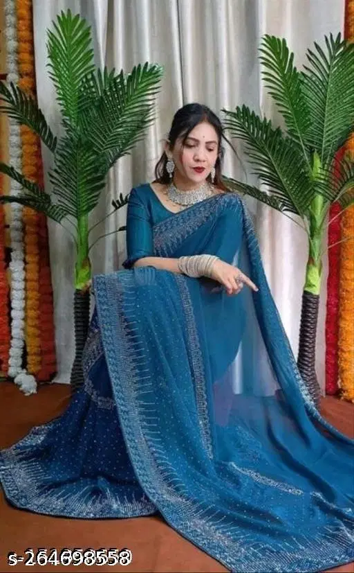 Chiffon Embroidered Saree For Women, Blue