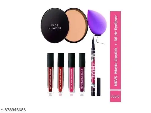Mini Liquid Lipstick Waterproof With 36h Eyeliner And 1 Beauty Bleader & Compact Powder Pack Of