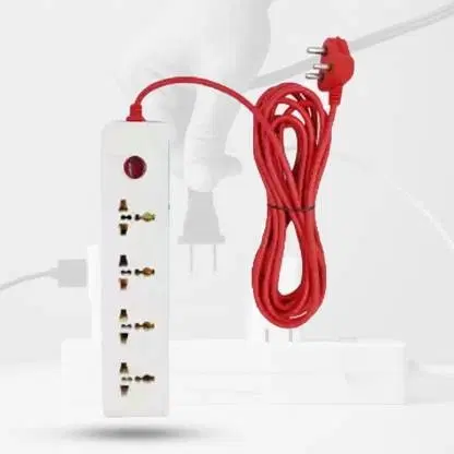 4 Universal Socket and 1 Switch Power Extension Board with 5 Meter Long Cable Surge Protector for Home/Computer/Fridge 4 Socket Extension Boards, White, Red, 5 m, Pack of 1