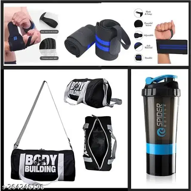 Combo of Gym Bag with Shaker Bottle, 600 ml, Wrist Support Bands, Multicolor, Set of 3