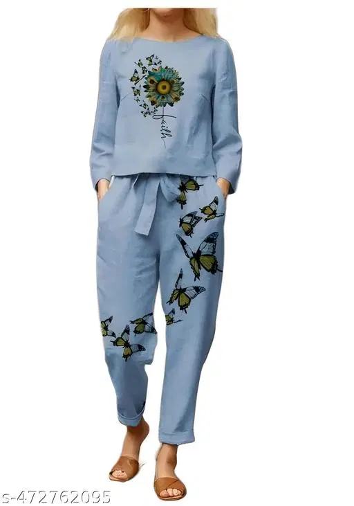 Cotton Blend Butterfly Print Top with Matching Pant Set for Women (Aqua Blue, L)
