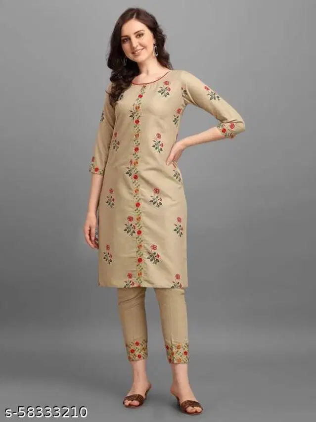Khadi Cotton Embroidered Kurta with Pant for Women (Beige, XL)