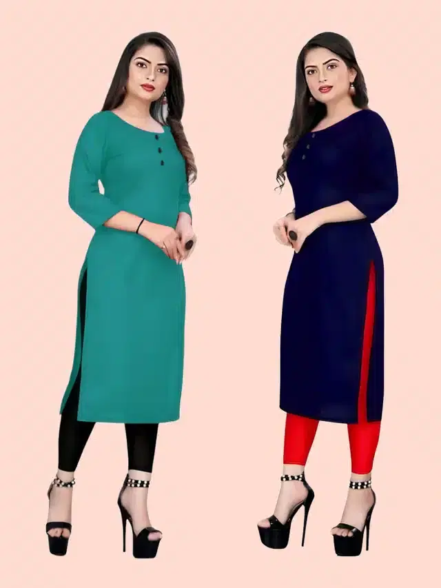 Crepe Solid Kurtis for Women, Pack of 2 (Sky Blue & Navy Blue, XS)