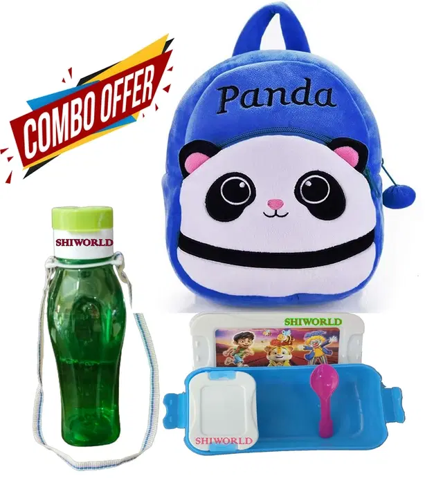 Combo of Fabric School Bag, Water Bottle with Lunch Box for Kids, Multicolor, Set of 3