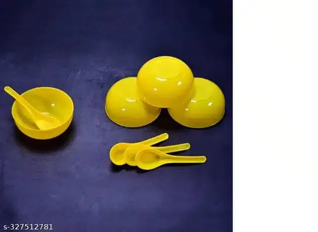 Plastic 6 Pcs Bowls, 250 ml with 6 Pcs Spoons, Yellow, Set of 2
