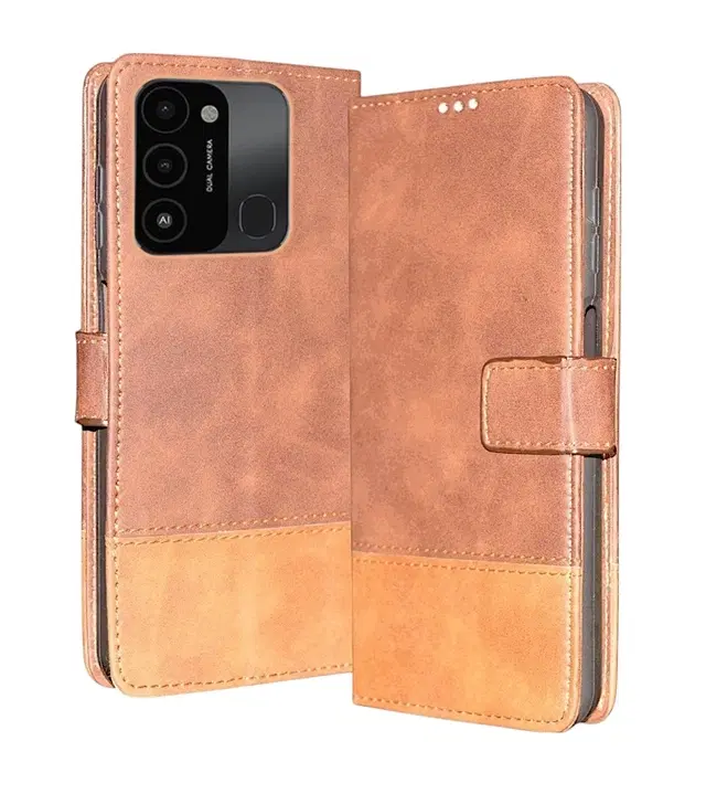 Artificial Leather Mobile Flip Cover for Tecno Kg5H / Spark Go 2022, Brown